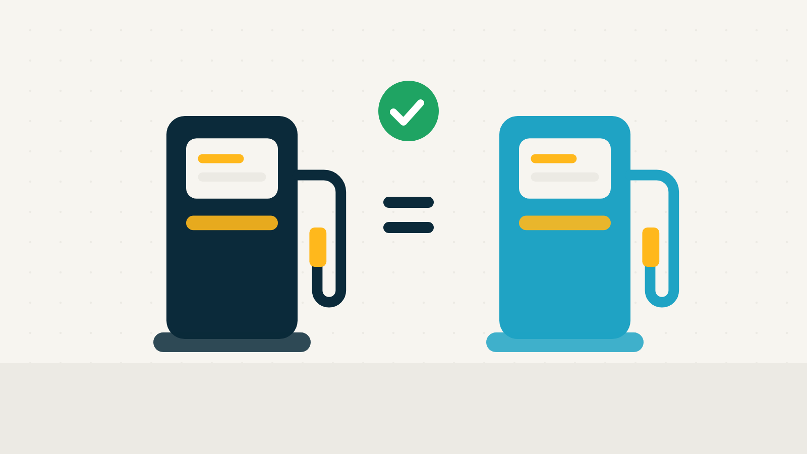 Ilustración de dos surtidores de combustible idénticos, uno azul oscuro y otro turquesa, separados por un signo igual y una marca de verificación verde